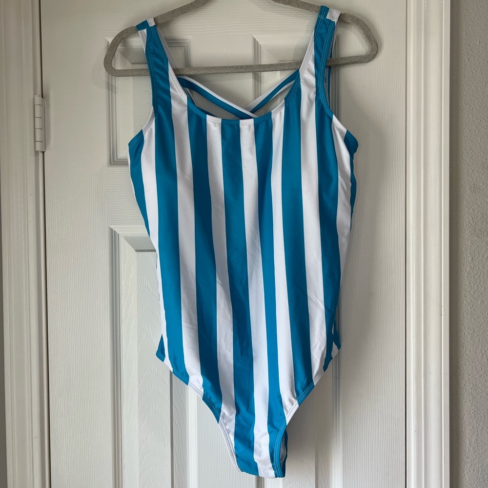 Blue + White Stripped One Piece Swimsuit Size XL